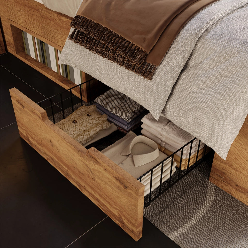Letto Matrimoniale 160x200 cm; LED; USB e Type-C; Contenitore con Cassetti in Legno; Quercia