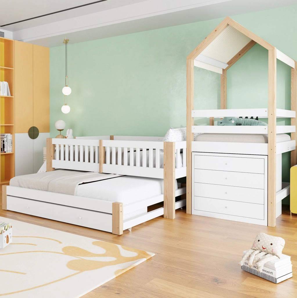 Letto per bambini a casetta con letto estraibile, scala e cassetti