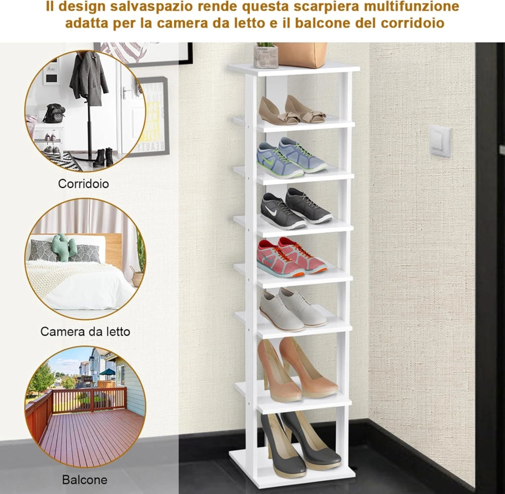 Scarpiera a 7 Ripiani, Scaffale Portascarpe in Legno con 2 Ripiani di Diverse Altezze, Scaffale Portaoggetti Multifunzione per Ingresso Soggiorno Camera da Letto, 28,5x25,5x110 cm (Bianco)