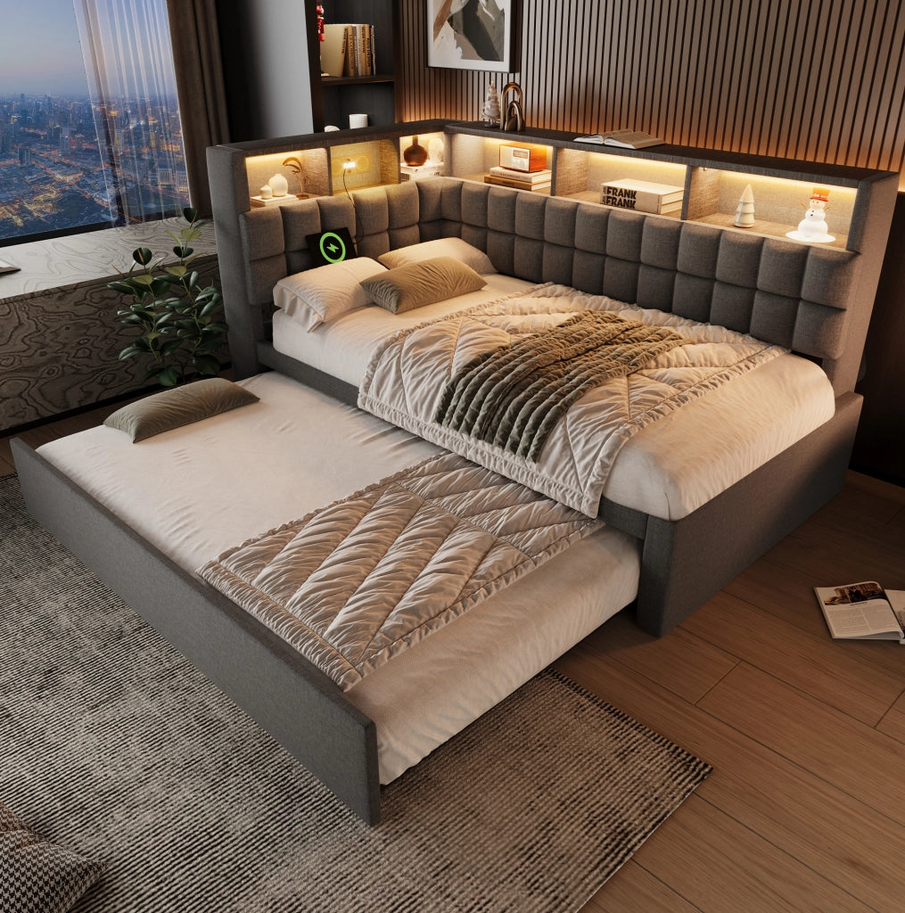 Letto imbottito con rete estraibile, LED, Bluetooth e porta USB/Type-C, grigio