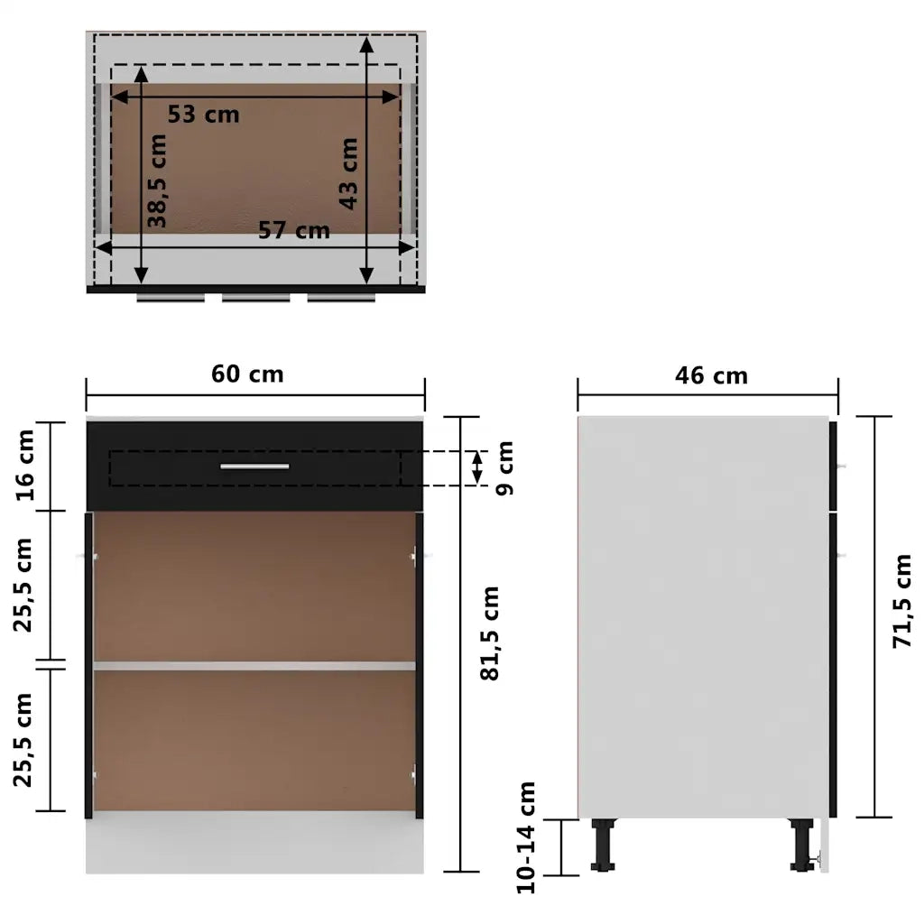 Pensile da cucina | Armadio Inferiore con Cassetto ¡°Lyon¡± Nero 60x46x81,5 cm