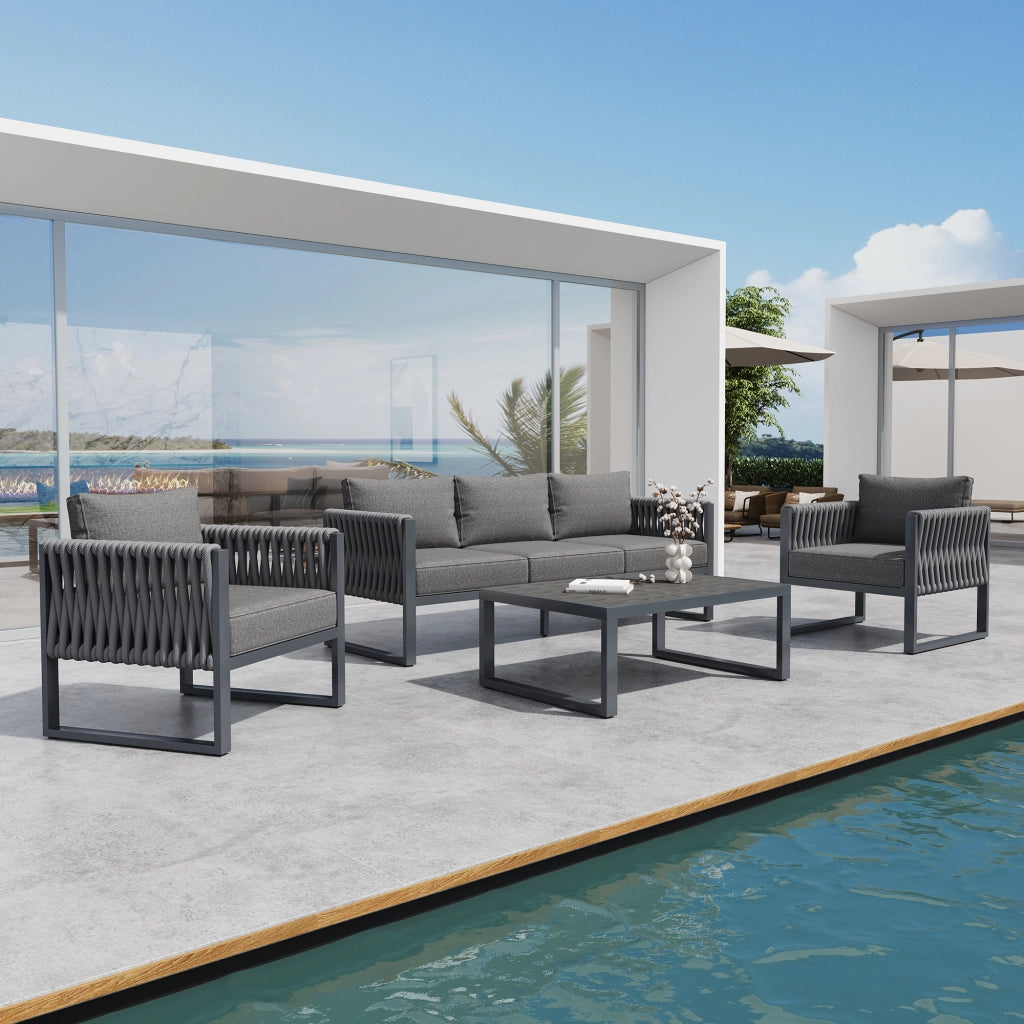 Set da giardino 5 posti - Zephmum - Piedi regolabili, cuscini, struttura in metallo inossidabile, Grigio