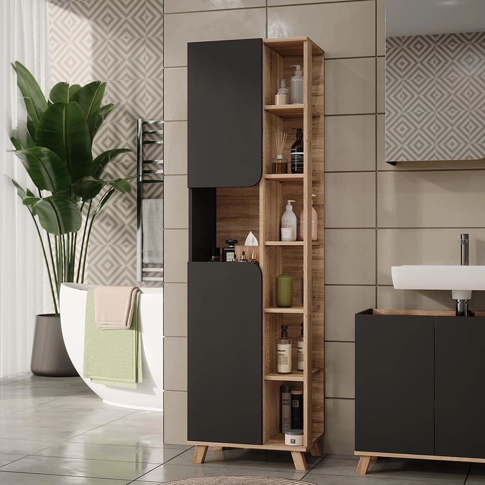 Mobile alto Karen, Sonoma/antracite, 50 x 175 cm con 2 porte, per la conservazione di articoli da bagno e asciugamani
