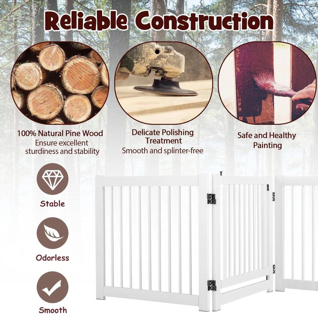 Cancelletto per Cani Pieghevoli 210 x 61 cm, Barriera per Cani in Legno a 3 Pannelli con Porta a Serratura, Recinzione per Scale, Ingressi e Corridoi (Bianco)