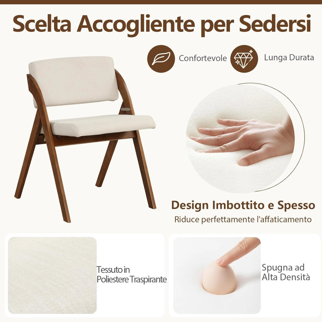 Set 2 Sedie da Pranzo, Sedia da Cucina Pieghevole con Gambe in Legno di Gomma, Sedile e Schienale Imbottiti, Sedia Portatile per Casa Ufficio Matrimonio, Portata 160 kg (Marrone)