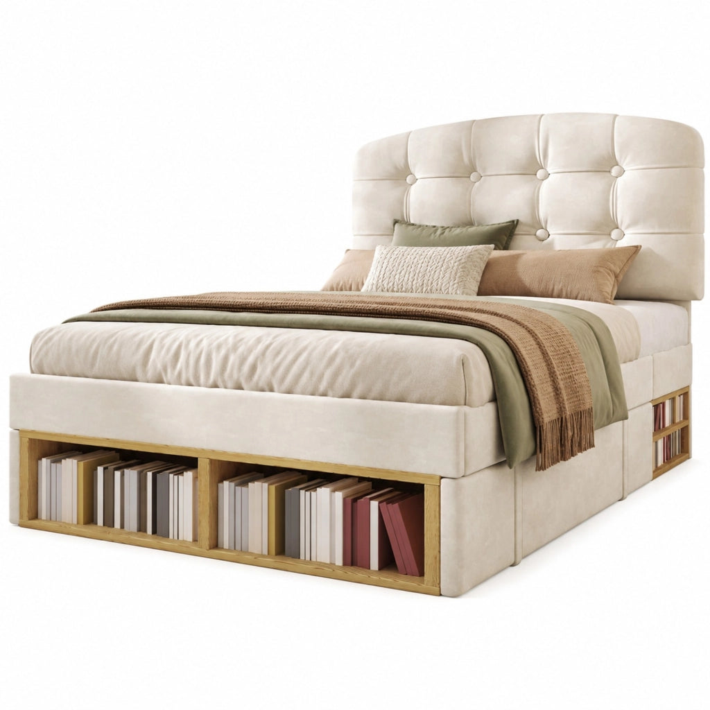 Letto singolo imbottito 90x200 cm in velluto beige con rete a doghe, testiera regolabile e cassetti contenitore