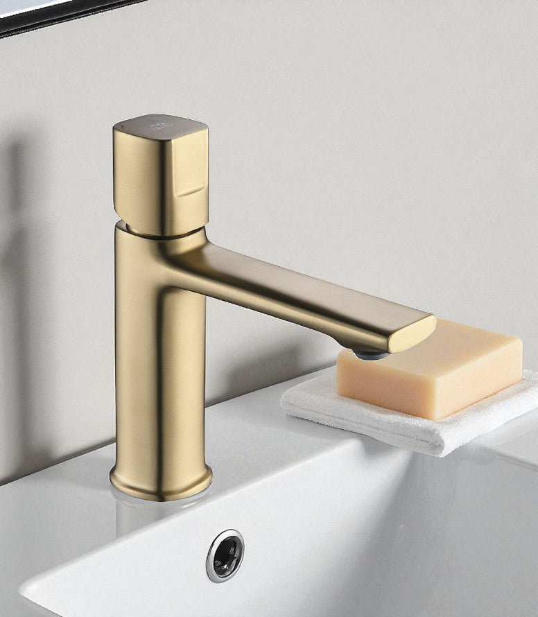 Rubinetto lavabo con piletta click-clack – oro champagne, design moderno
