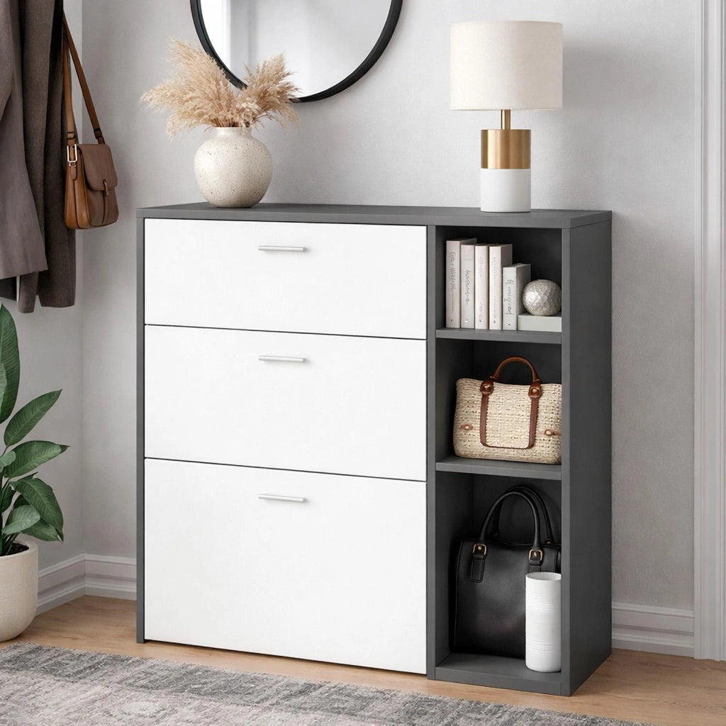 Scarpiera Mobile Portascarpe Salvaspazio Per Ingresso Con 2 Ribalte Doppia Profondità 1 Cassetto 3 Vani A Giorno Design Moderno Corridoio Sala 90 X 101.5 X 26 Cm Bianco E Grafite