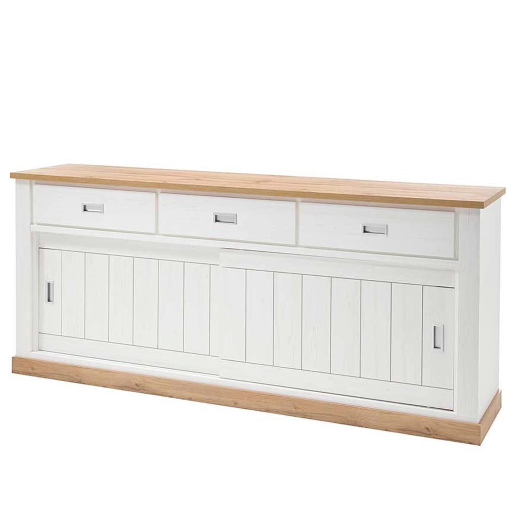Madia Credenza Con 3 Cassetti 2 Ante Scorrevoli E 4 Ripiani Interni Mobile Dispensa Per Cucina Soggiorno Zona Living Design Classico Moderno 220 X 50 X 95 Cm Bianco E Rovere
