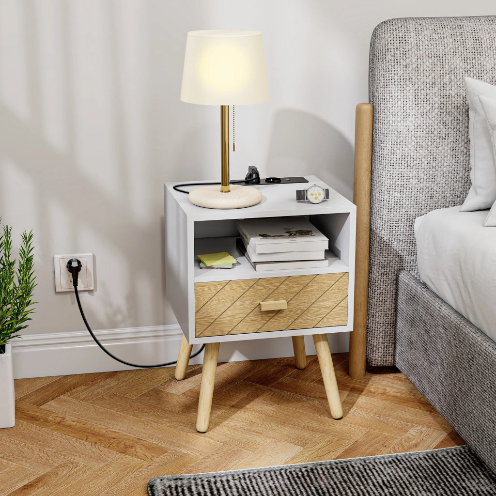 Comodino con stazione di ricarica ¨C Xylo ¨C 2 prese AC, USB-C, cassetto, legno bianco