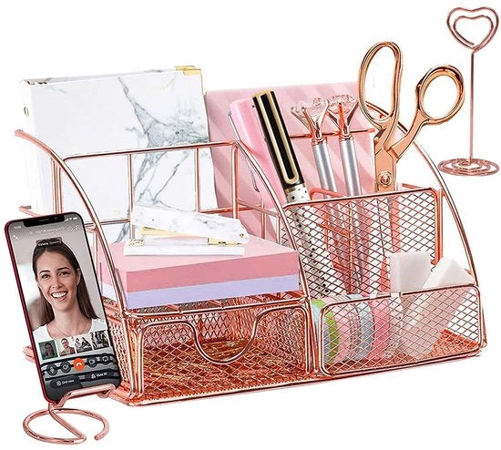 Organizzatore per scrivania, Rose Gold Organizzatore per scrivania con posizionamento telefono/penne/cosmetici/contenitore matite per archiviazione, organizzatore accessori per scrivania in metallo per scuola, ufficio domestico