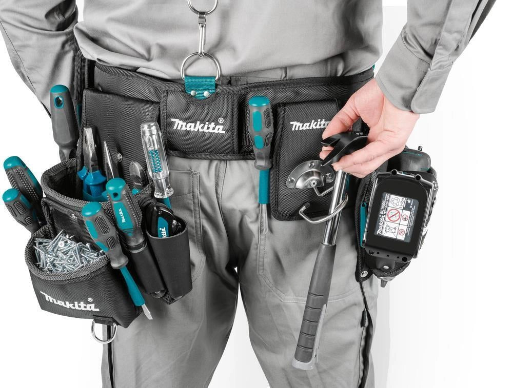 Makita E-15235 Cintura Portaattrezzi 5 Pezzi in Poliestere e Pelle con Tasche Multiple e Imbottitura in Rete Colore Nero Blu