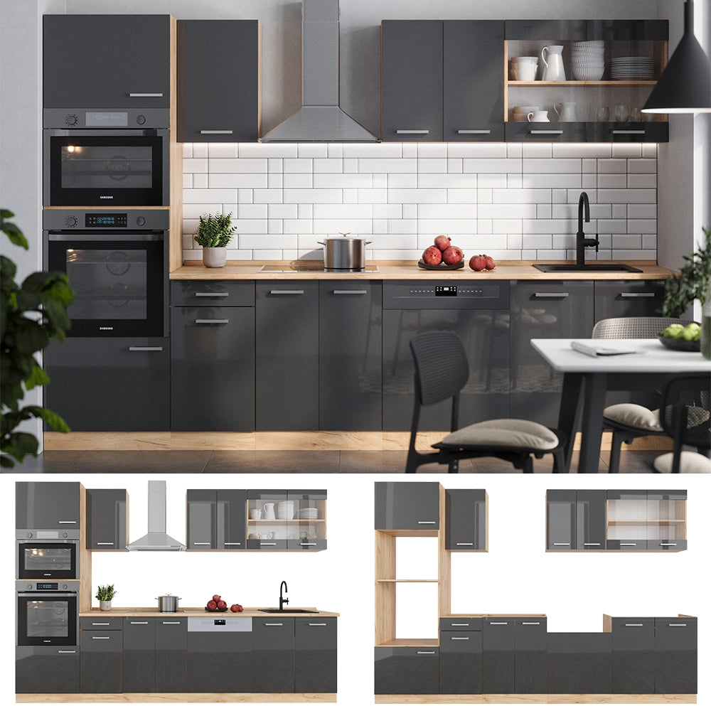 Cucina componibile R-Line Antracite lucido/Rovere dorato 300 cm con armadio alto, PL Marmo Vicco