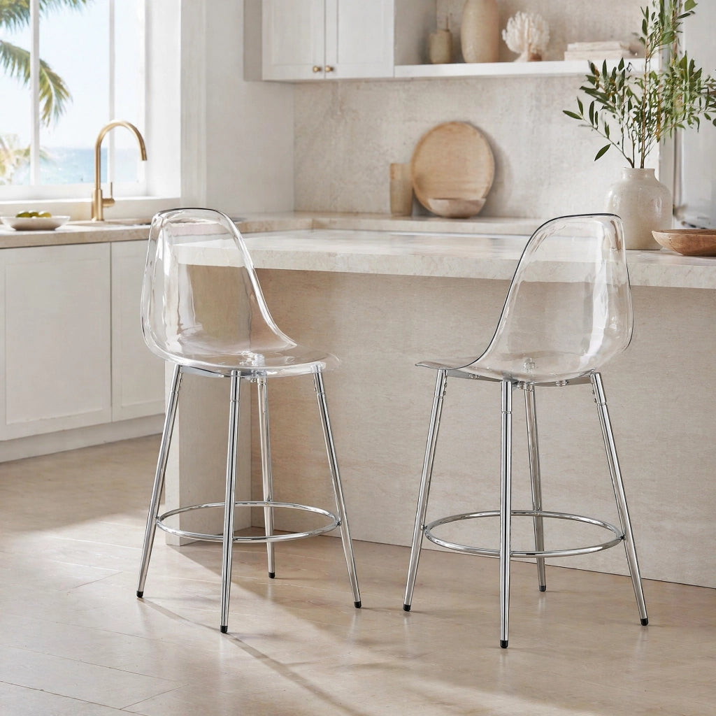 Sgabello da bar 2 pezzi con schienale ergonomico e poggiapiedi, in Metallo e Plastica, Argento e Trasparente