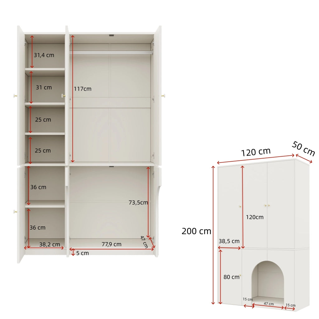 Armadio a 3 ante con asta appendiabiti e ripiani nicchia ad arco per camera da letto in MDF bianco 120 × 50 × 200 cm