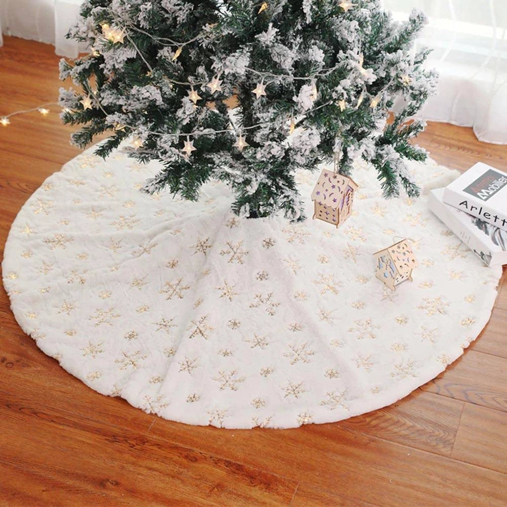 Trade Shop - Tappeto Gonna Copertura Base Albero Di Natale 80cm Peluche Fiocchi Di Neve Gold -