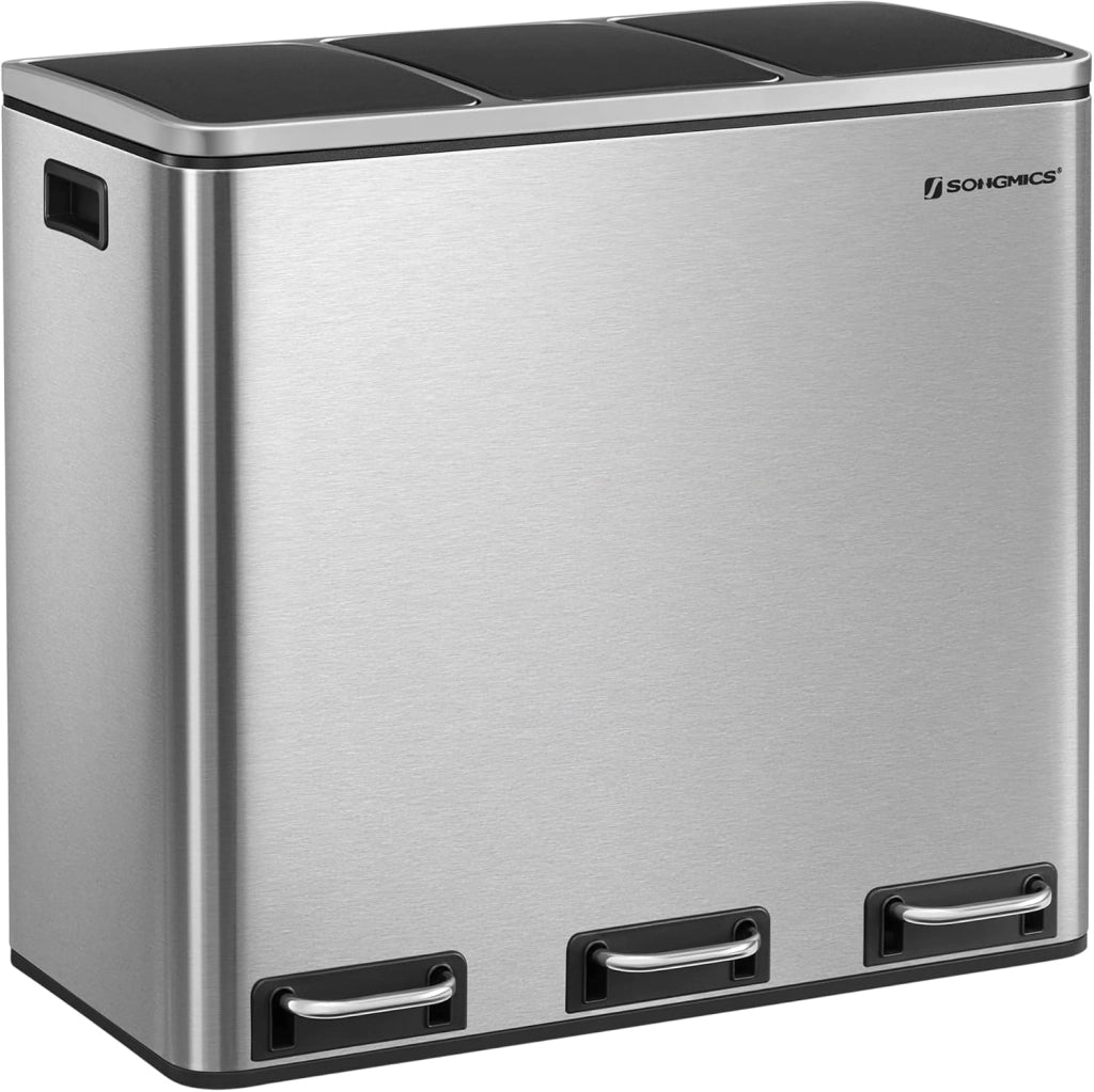 SONGMICS Cestino da Cucina, Pattumiera per Raccolta Differenziata 3 x 18L, 3 Scomparti per Riciclaggio, Coperchi a Chiusura Morbida, Pedali, Acciaio, Argento Metallizzato e Nero Inchiostro LTB54NL