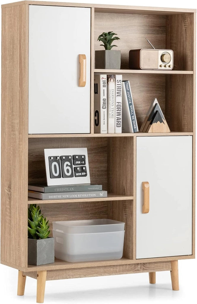 Libreria di Legno a 4 Livelli, Libreria con 2 Ante, 4 Mensole Aperte, Gambe in Legno di Gomma, Cuscinetti Antigraffio e Dispositivo Antiribaltamento, 80 x 24 x 119,5 cm (Bianco)