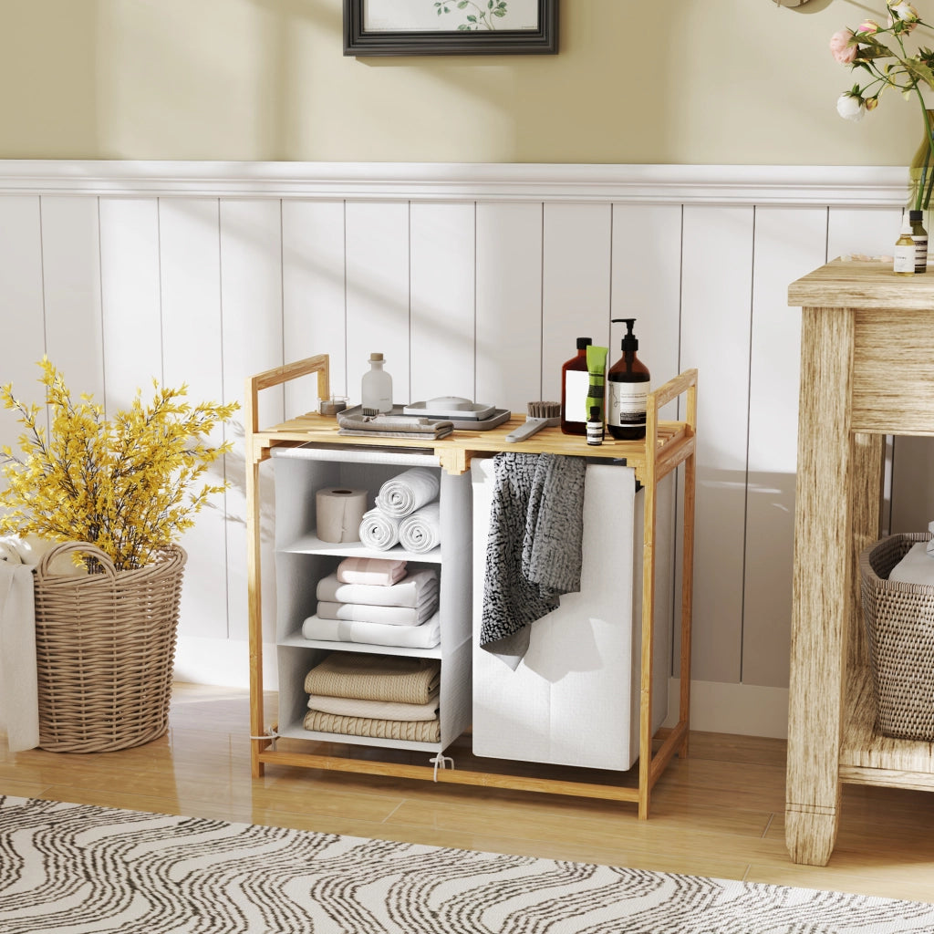 Cesto portabiancheria in bambù con 2 sacchi estraibili e ripiano, 70x36x70 cm, bianco