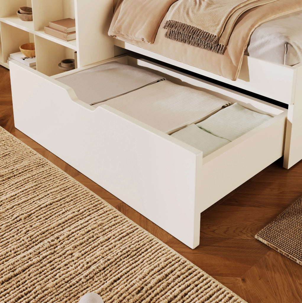 Letto singolo 90x200 cm con cassetti; ripiani; luci e porte USB Type-C; bianco