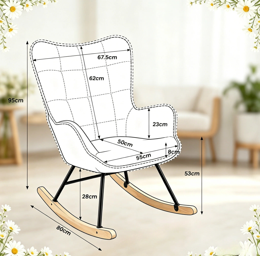 Sedia a dondolo beige in velluto con schienale alto