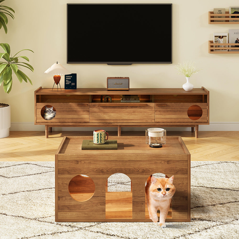 Tavolino per animali - Xylo - 80x50cm noce naturale con fori per gatti