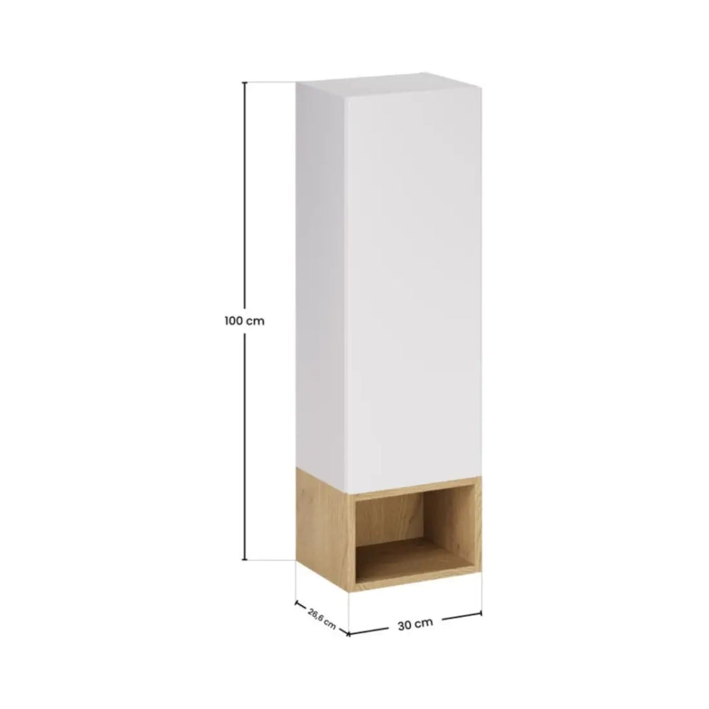 Colonna di stoccaggio OSTER 30cm – mobile sospeso bianco opaco 1 porta e nicchia visibile in rovere chiaro