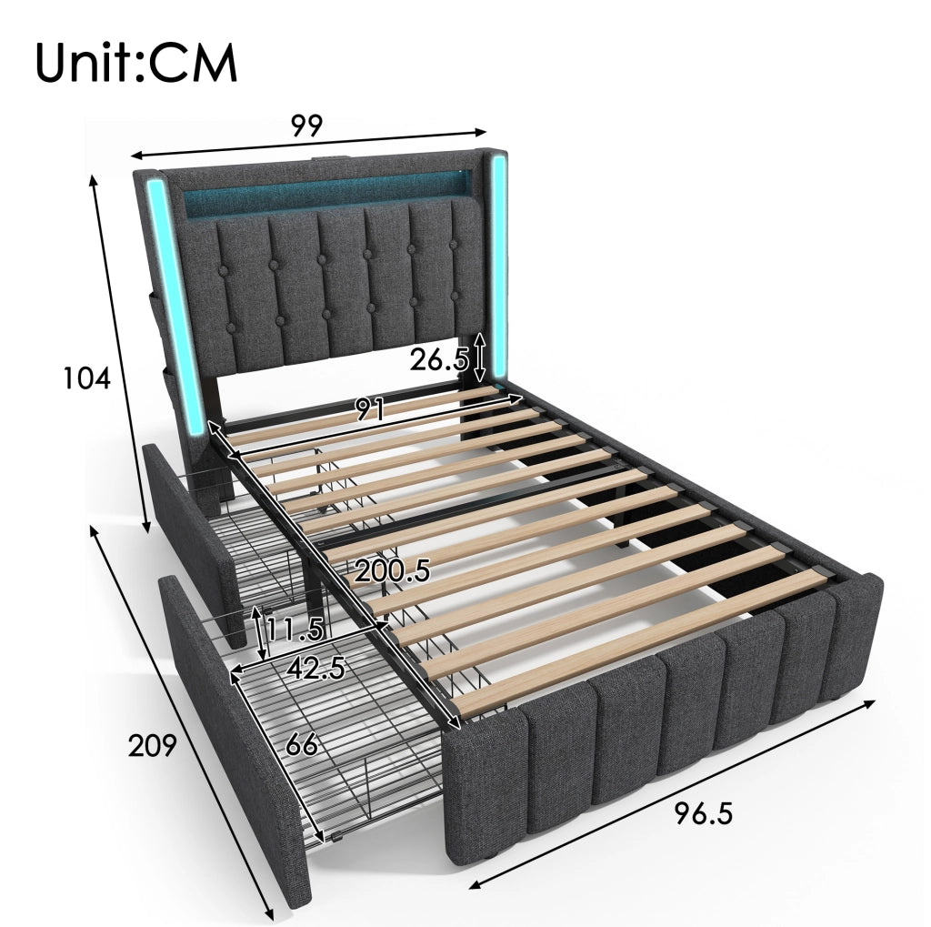 Letto singolo imbottito ULEVR 90x200 cm con materasso, LED, USB/Type-C e 2 cassetti, grigio