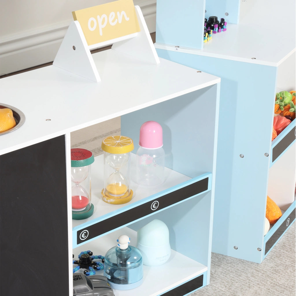 Cucina giocattolo per bambini con scaffali frigorifero lavagna cancellabile banco laterale e rubinetto in MDF blu