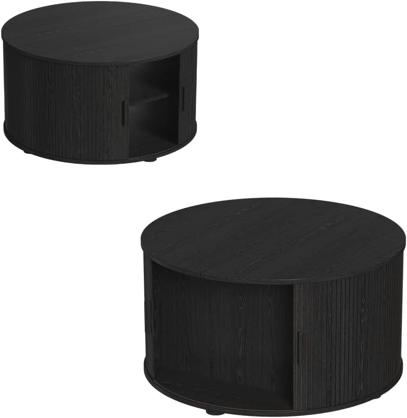 tavolino soggiorno Selva, Nero, 80 x 80 cm con porta scorrevole, con funzione lift e piano del tavolo regolabile in altezza