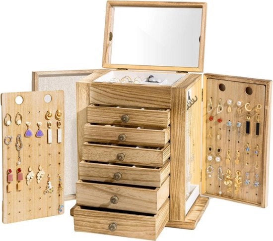 Cassa per gioielli - con 7 livelli - legno - naturale