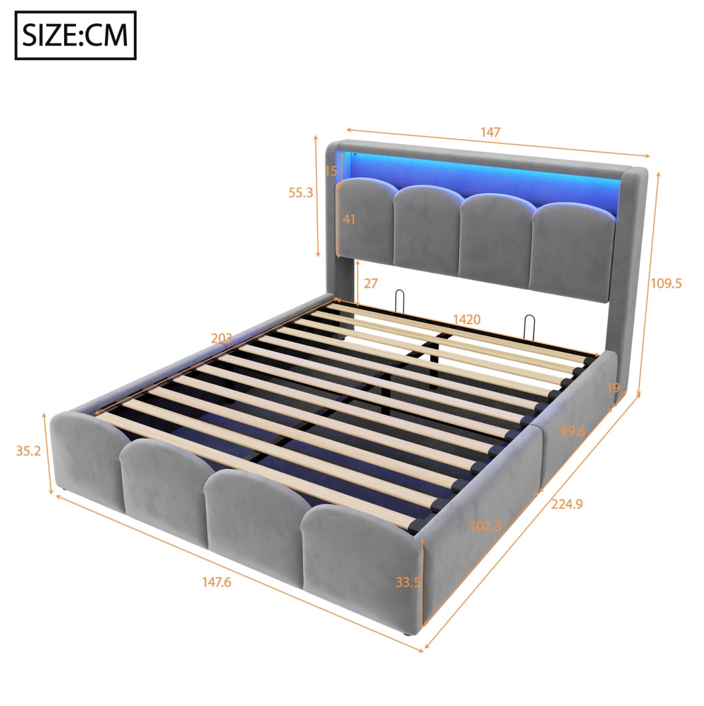 Letto matrimoniale imbottito 140x200 cm in velluto grigio con LED; USB e vano contenitore