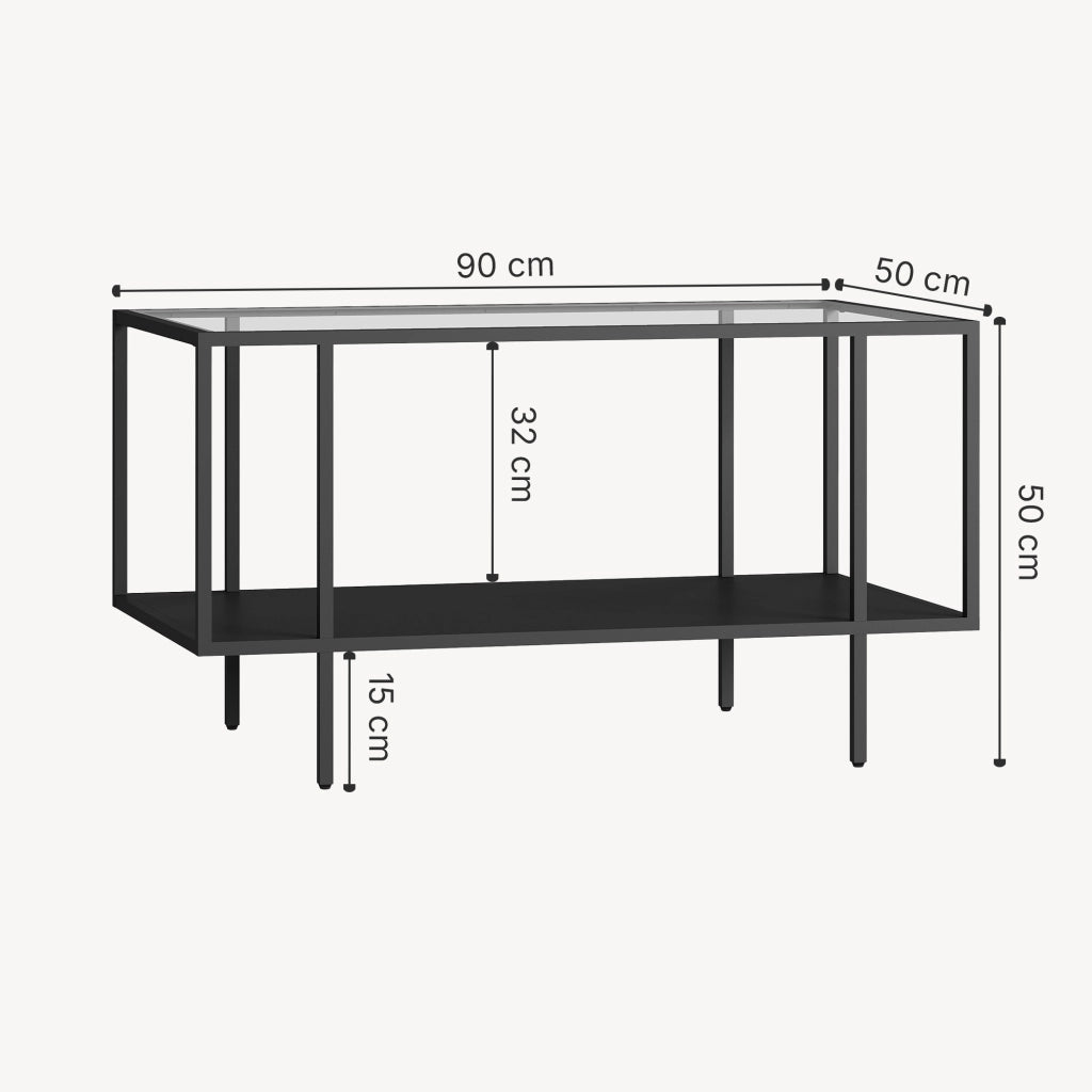 Tavolino Centrale da Salotto Nynna con Piano in Vetro 90 x 50 x 50cm Nero [en.casa]