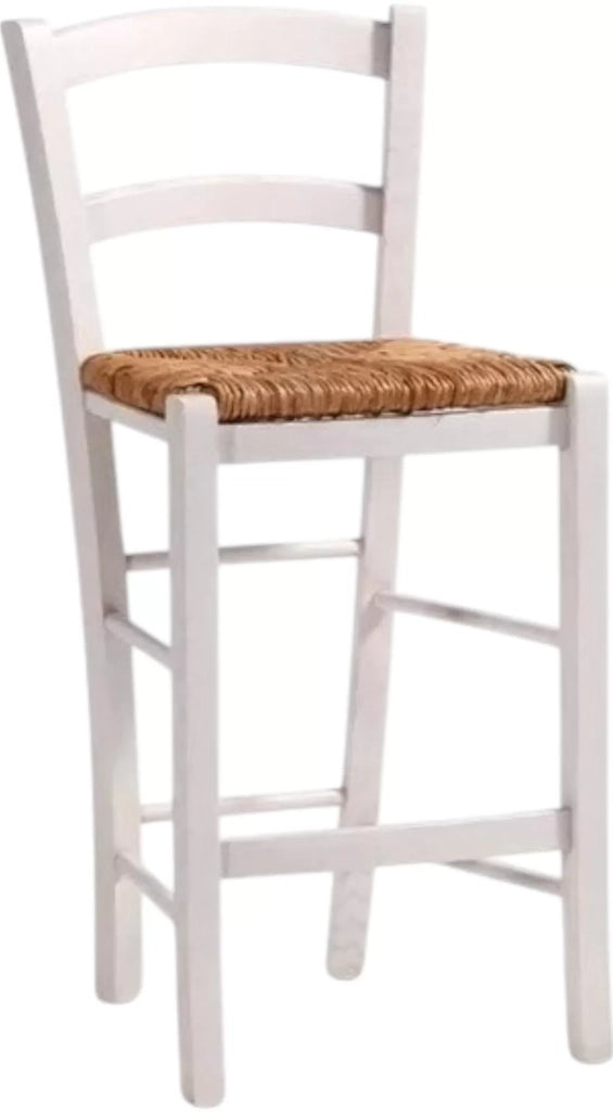 Sgabello shabby legno bianco seduta paglia 47x46x101 - Mobili 2G