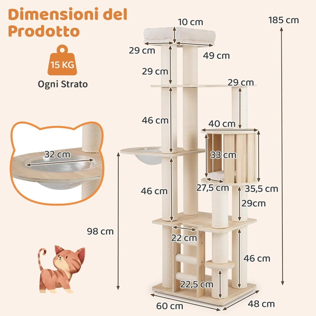 Albero per Gatti Alto 185 cm. Tiragraffi per Gatti in Plywood Solido con Condo, Posto d’Osservazione, Capsula Spaziale, Posti per Graffiare, Scala a 3 Gradini, Mobili per Animali da Interno