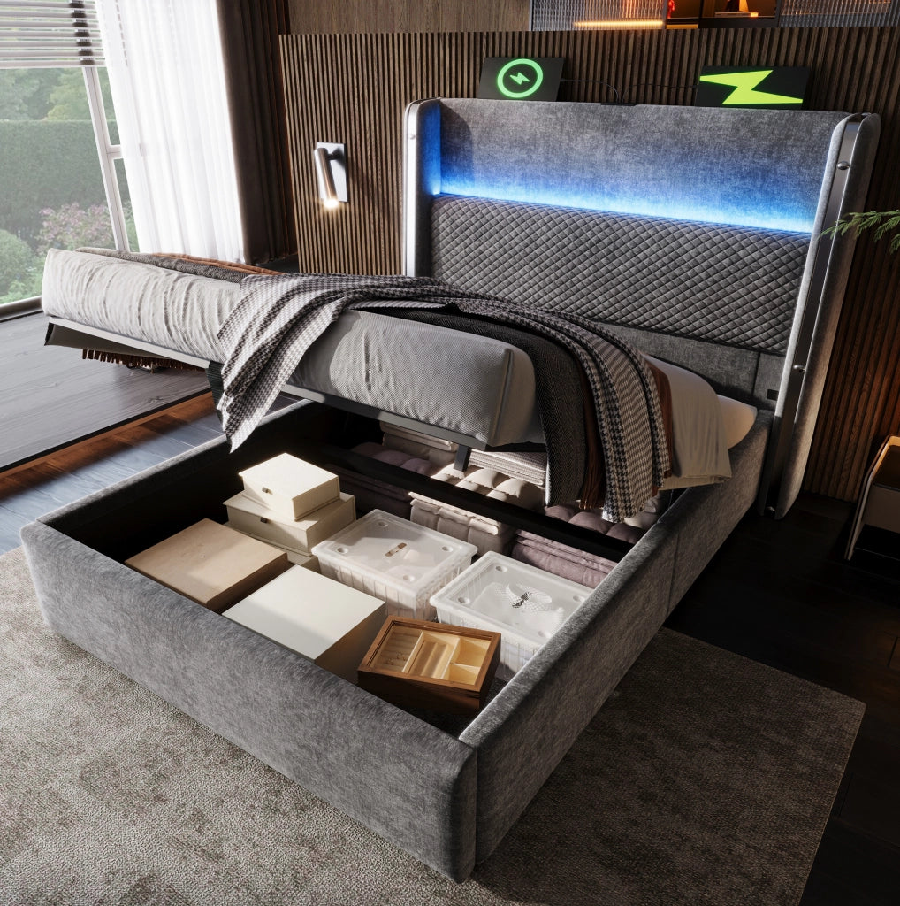 Letto singolo 90x200 cm con contenitore; testiera alta in lino grigio; LED e prese USB Type-C