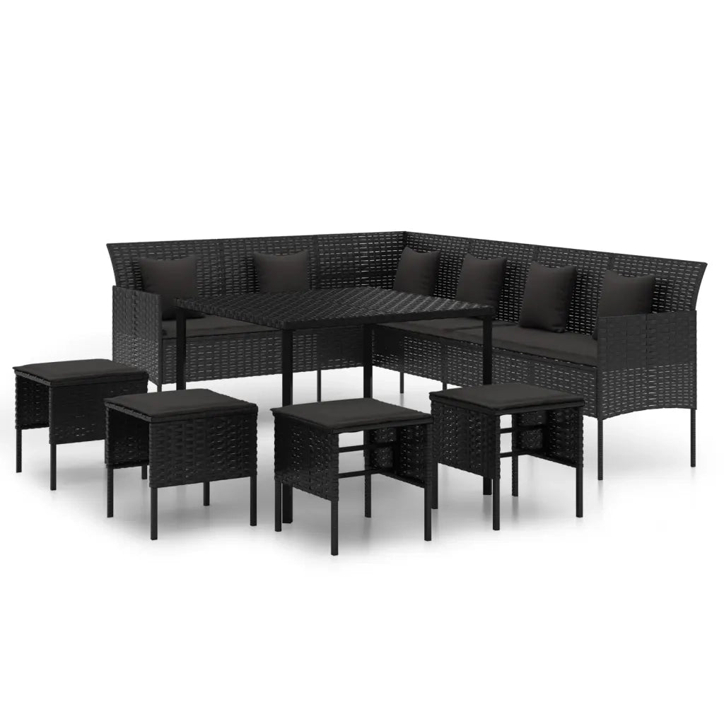 Set da Pranzo da Giardino 6 pz con Cuscini Nero in Polyrattan