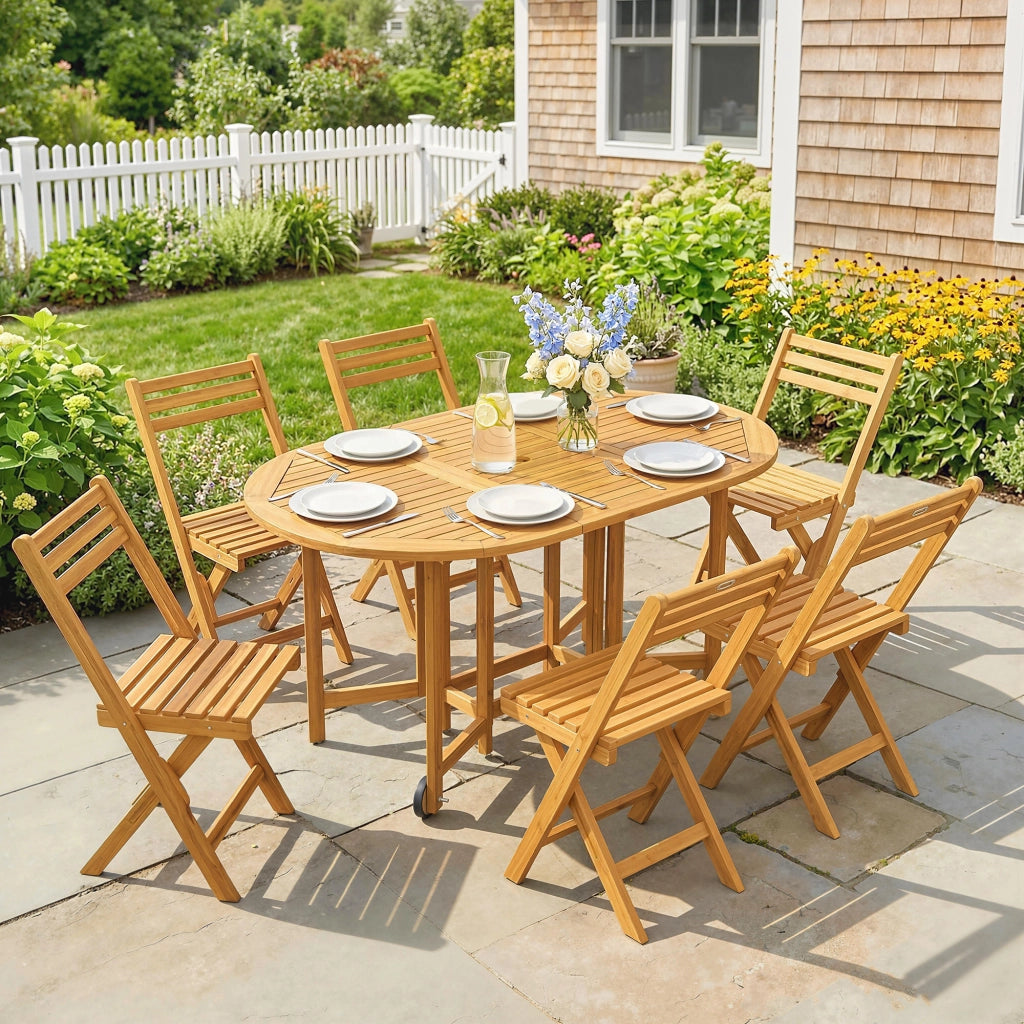 Set Pranzo 7 Pezzi, Tavolo Estensibile Legno e 6 Sedie Pieghevoli per Giardino