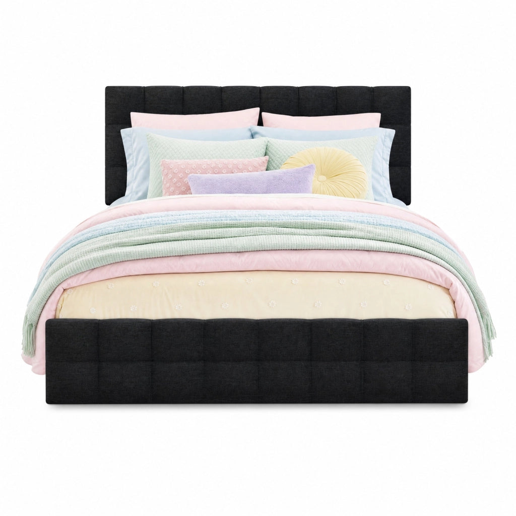 Letto matrimoniale imbottito con 4 cassetti, rete a doghe in acciaio e testiera regolabile 140x200 cm, nero