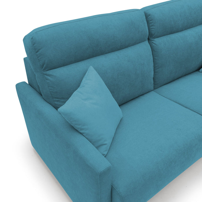 Margot Divano letto matrimoniale con schienale morbido alto in tessuto T02 156 cm (mat.120x197) azzurro