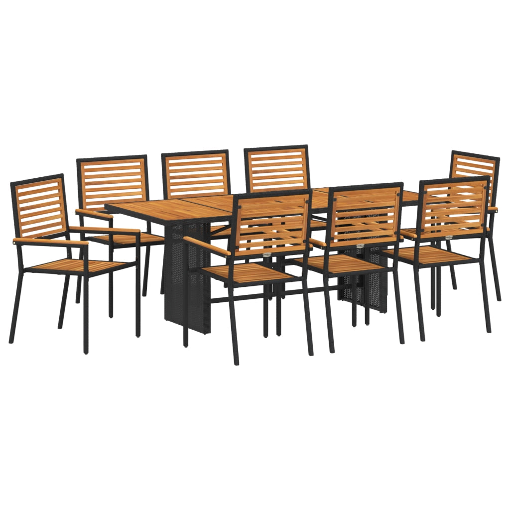 Set da Pranzo da Giardino in Rattan Sintetico Nero Acacia 9 Pezzi