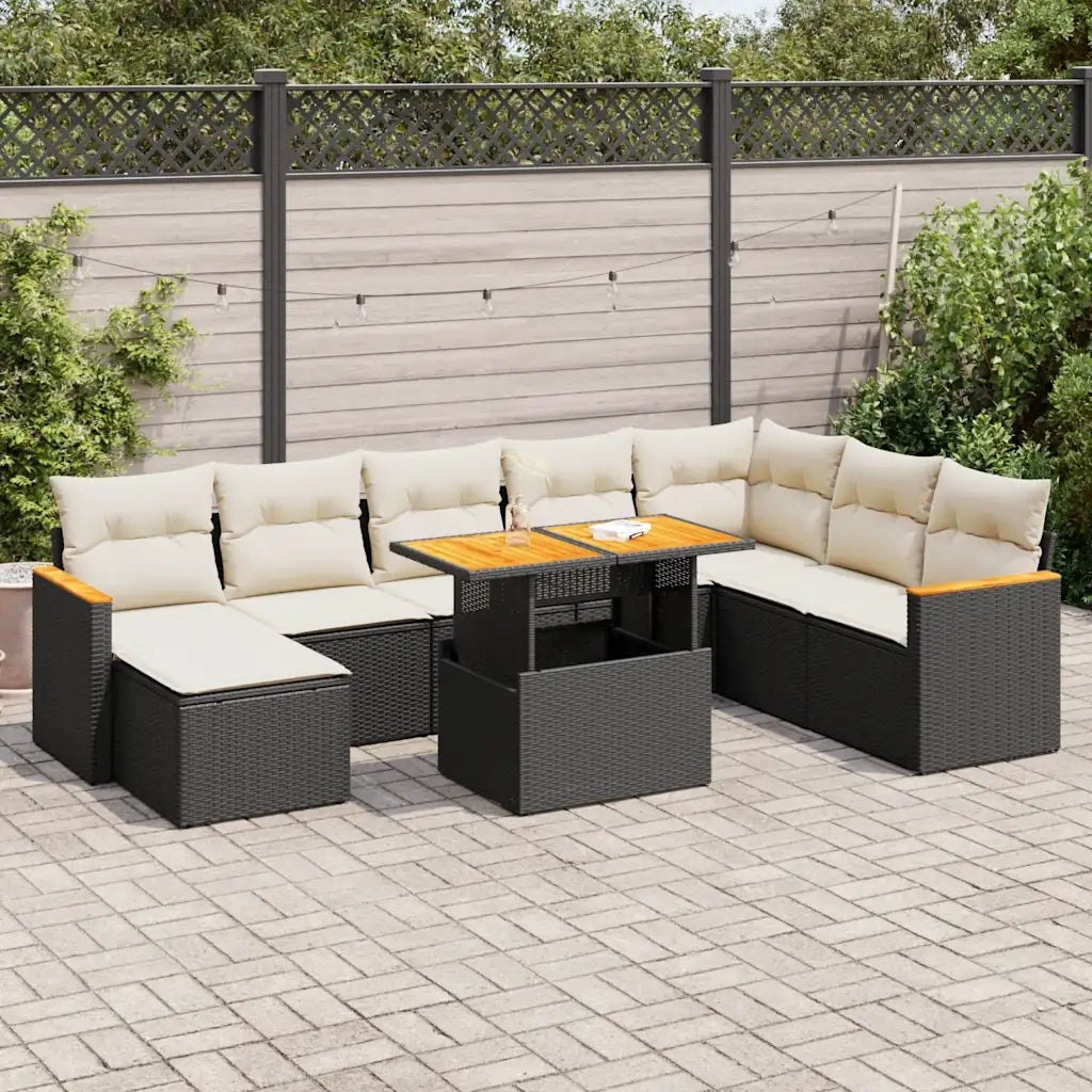 Set Divani da Giardino 9 pz con Cuscini Nero Polyrattan Acacia 3327521