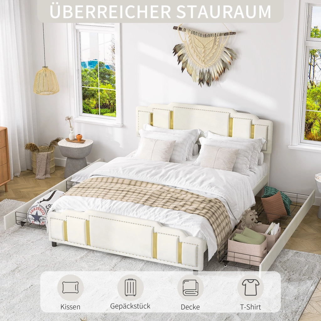 DESMIU Letto con cassetti 140 × 200 cm 2 posti con cassetti, LED e contenitore, senza materasso, in velluto beige