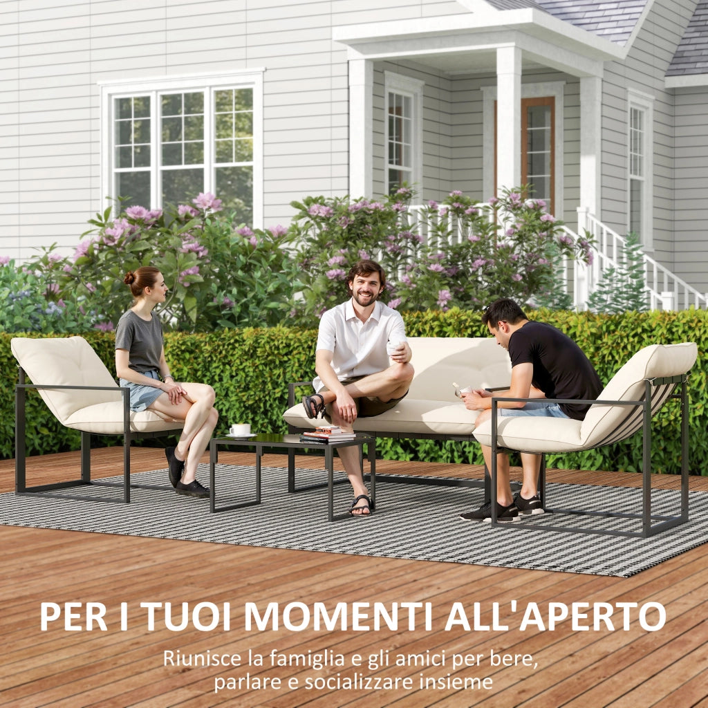 Set 4 Pezzi da Giardino con Divanetto 2 Poltrone e Tavolino in Acciaio, Poliestere e Cotone PP Beige e Grigio