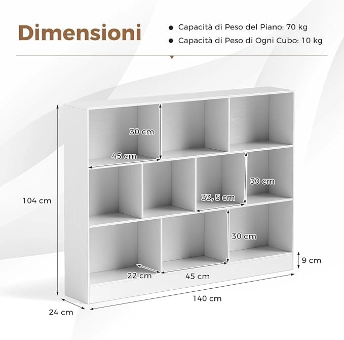 COSTWAT Libreria a 10 Cubi, Organizzatore di Stoccaggio a 3 Ripiani con 2 Kit Anti-Ribaltamento, Scaffale Multiuso in Legno per Soggiorno Camera da Letto Ufficio, 140x24x104 cm (Bianco)