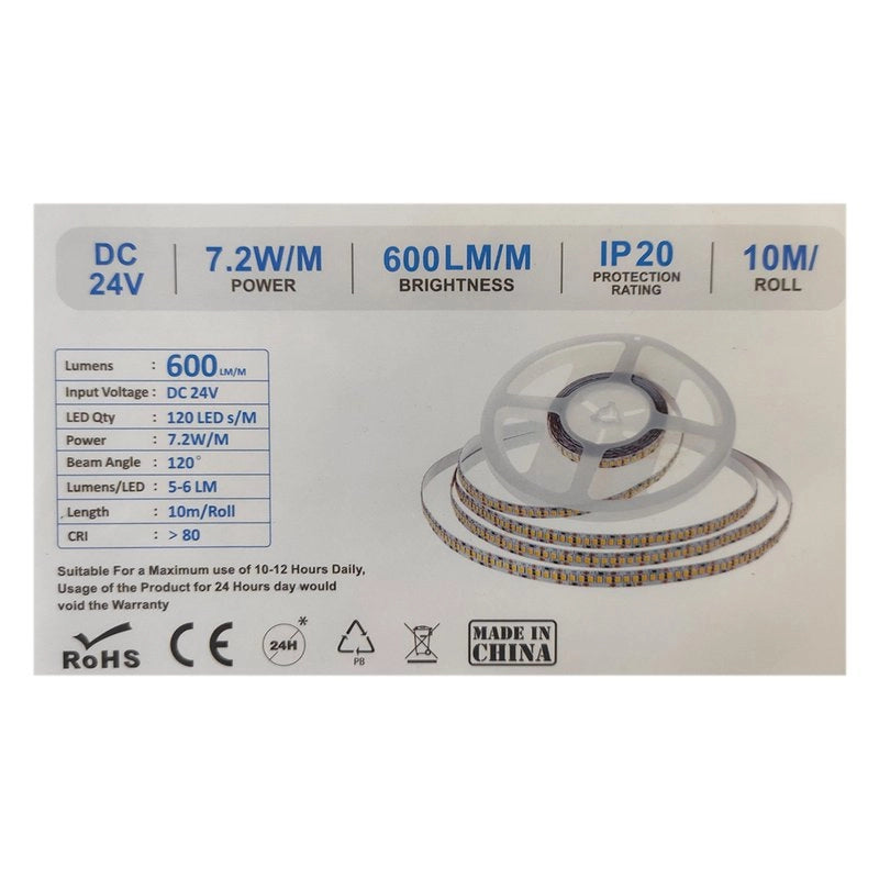 24V Bobina Striscia Led Da 10 Metri IP20 6400K 7,2W/M 1200 smd 2835 600 LM/M SKU-212624