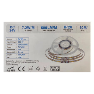 24V Bobina Striscia Led Da 10 Metri IP20 6400K 7,2W/M 1200 smd 2835 600 LM/M SKU-212624
