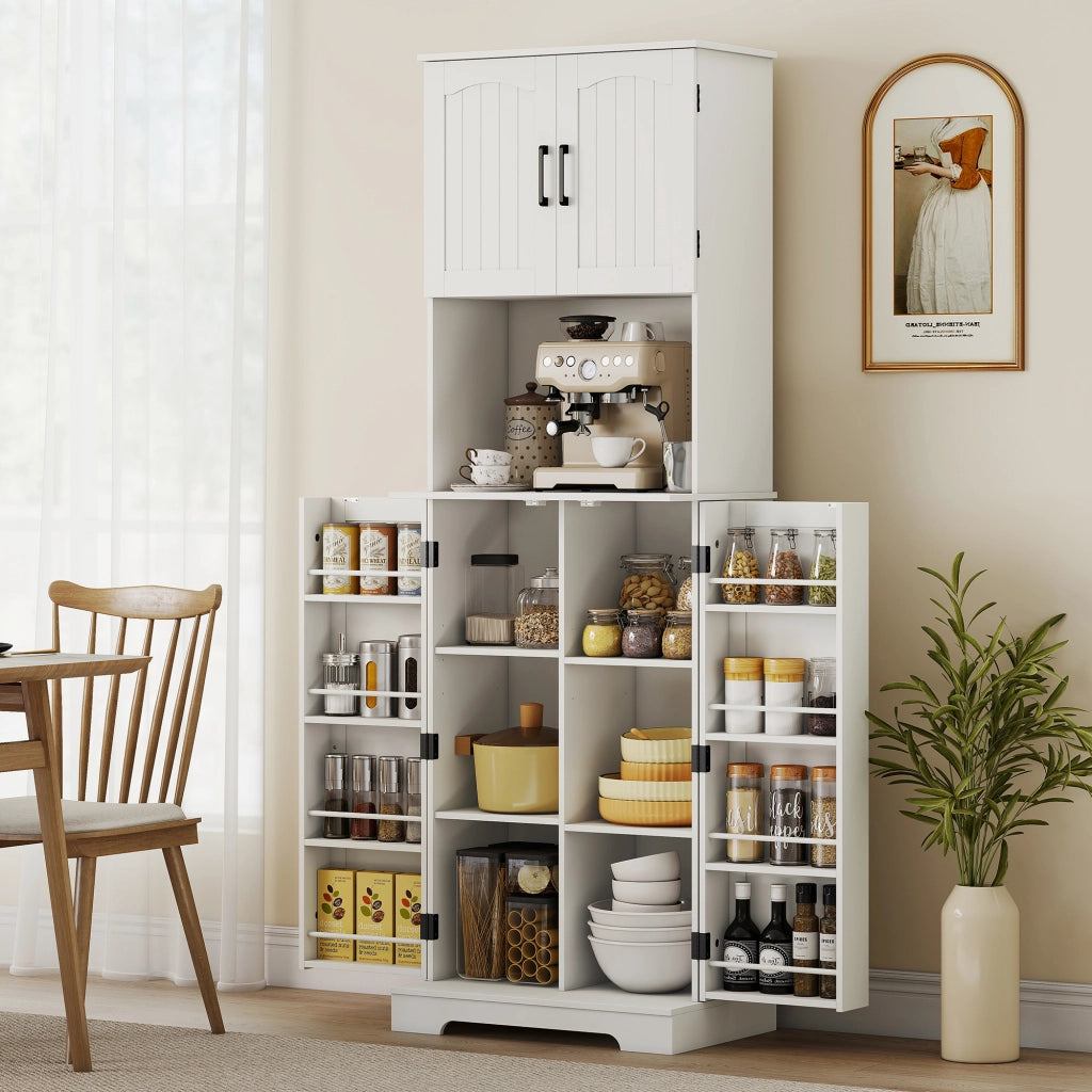 Credenza da Cucina Alta Stile Country 60x40x181,5 cm 2 Armadietti e 8 Portaspezie in MDF Bianco
