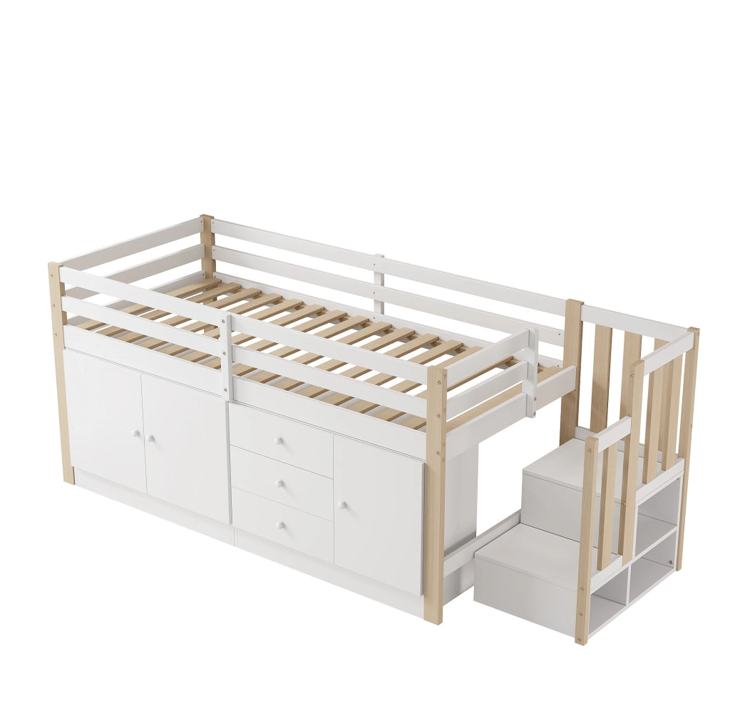 Letto a soppalco per bambini 90x200 cm con scala; cassetti e armadi; bianco