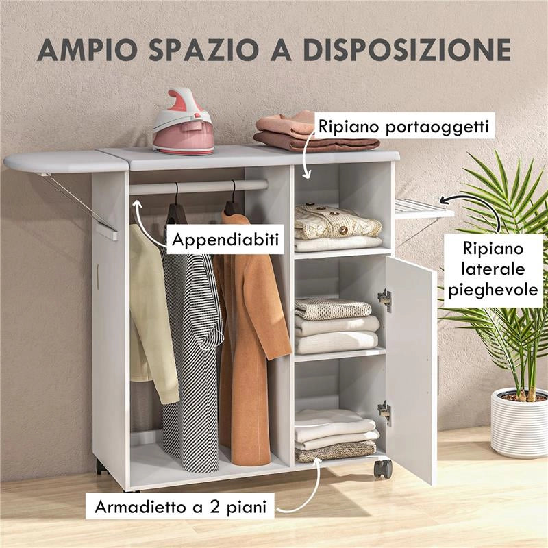 MOBILE ASSE DA STIRO CON PIANO D'APPOGGIO, 3 RIPIANI A CUBO E GUIDA, 107X42.5X99CM, BIANCO